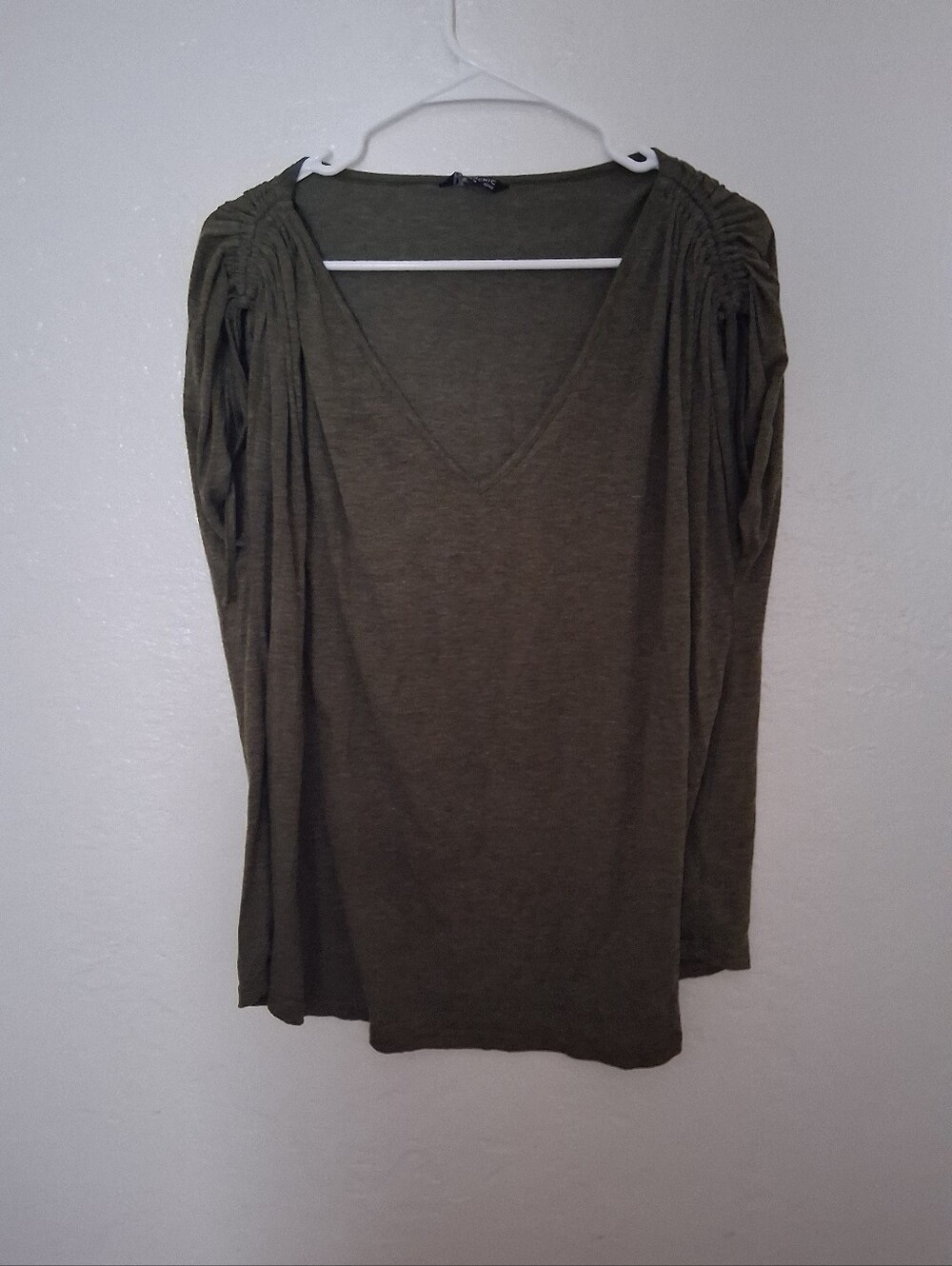 BloomChic Olive Green V-Neck Long Sleeve Top with Ruched Shoulders